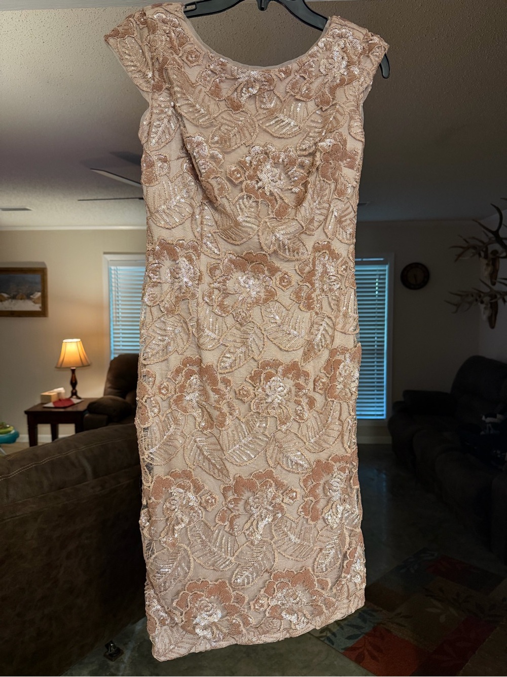 Elegant Beige Embellished Floral Sheath Dress